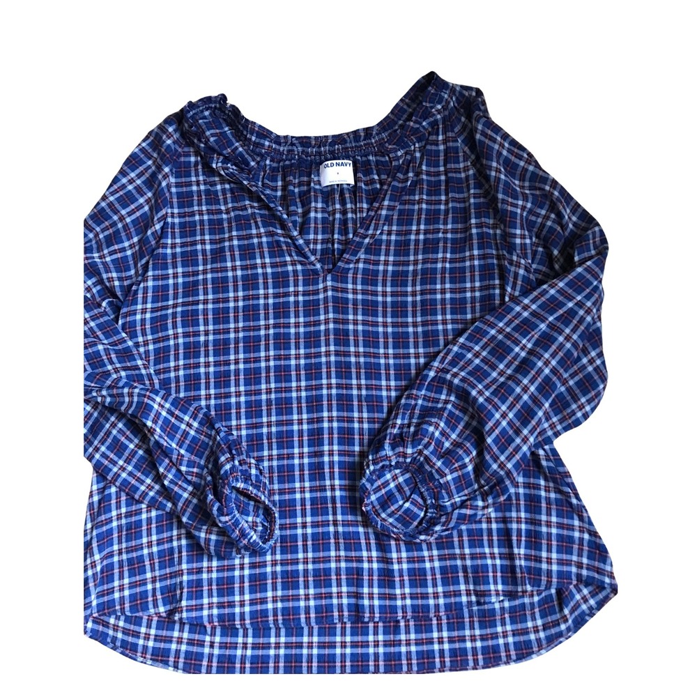 Old Navy Womens Blue Red Plaid Split V-Neck Ruffle Blouse Long Sleeve Small